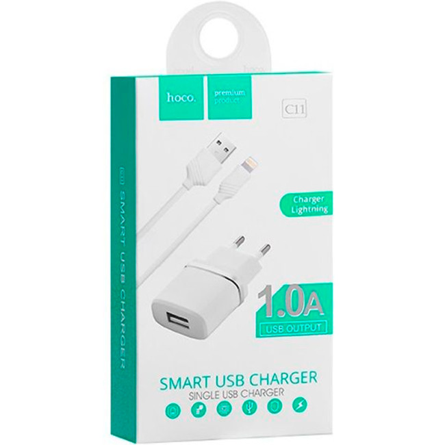 Мережевий зарядний пристрій Hoco C11 (1A) 1USB + кабель Lightning White