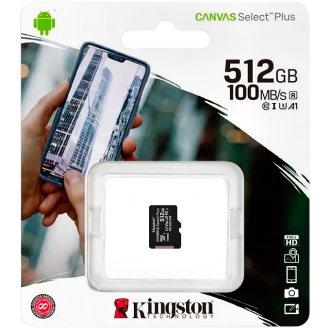 Карта пам'яті microSDXC 512Gb KIngston Canvas Select Plus A1 (UHS-1) (R-100Mb/s)