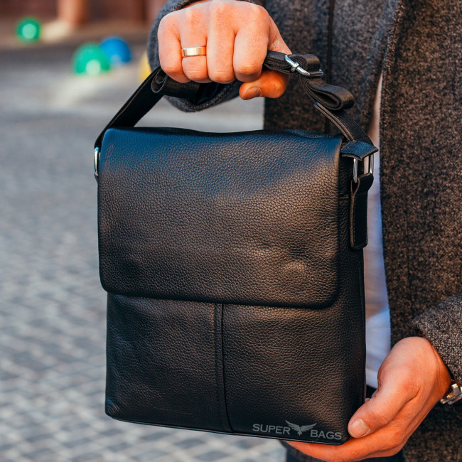 Шкіряна чоловіча чорна сумка через плече м'яка Tiding Bag 9335A