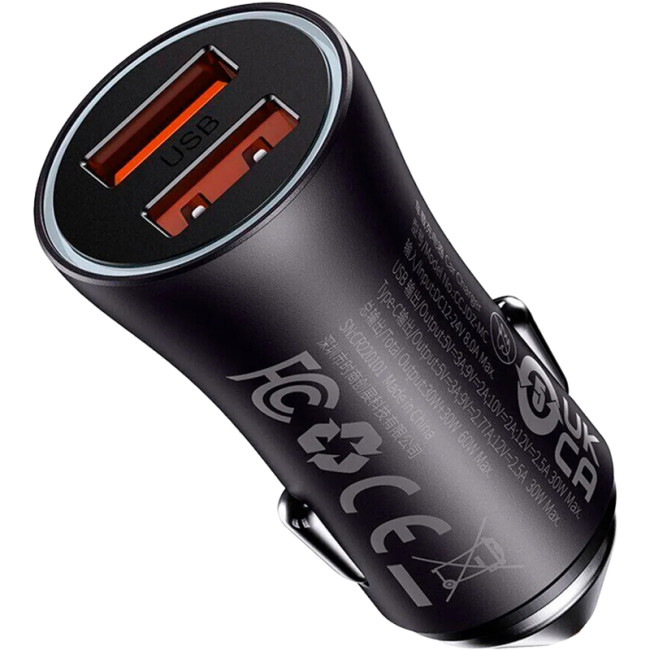 Автомобільний зарядний пристрій Baseus Golden Contactor Max Series 60W 2USB (CGJM000013) Dark Grey