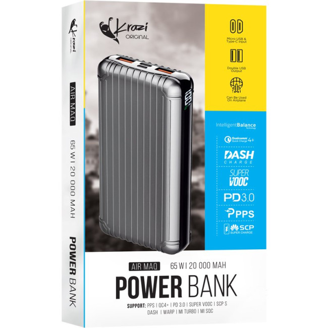 Додаткова батарея Krazi KZ-PB001 Air MaQ 20000mAh QC+PD 65W (74Wh) Silver