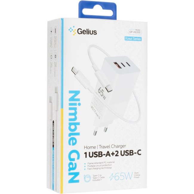 Мережевий зарядний пристрій Gelius Nimble GaN 65W GP-HC051 + кабель Type-C/Type-C White