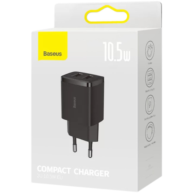 Мережевий зарядний пристрій Baseus Compact Charger 10.5W 2USB (CCXJ010201) Black